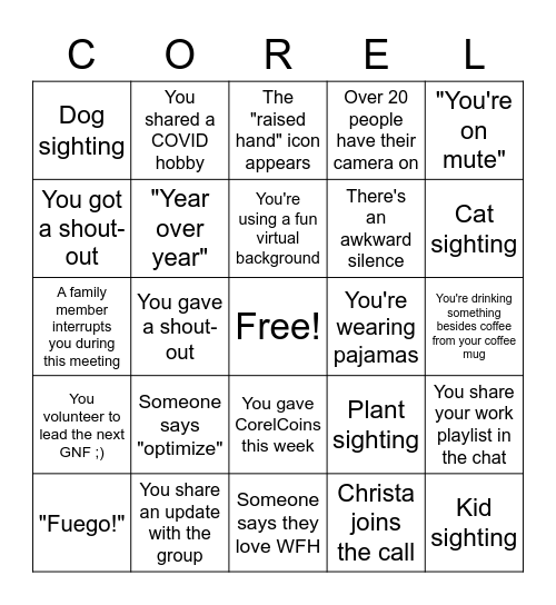 COREL WFH Bingo Card