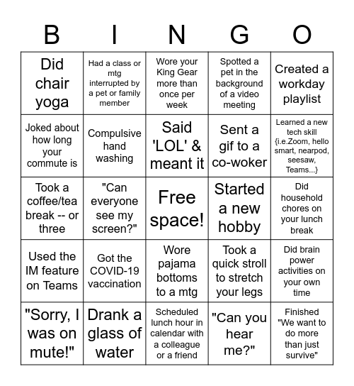 Virtual Bingo - Remote Work Bingo Card