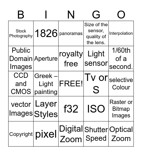 Digital Stills Bingo Card