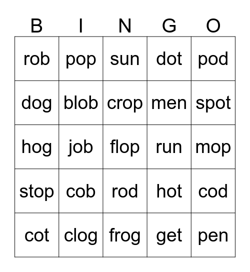 Short Sound 'o' Bingo Card