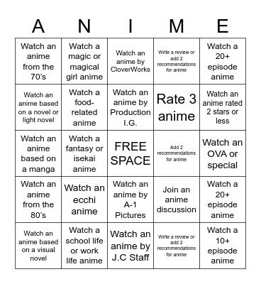 AP's Anime Bingo Challenge Spring 2021 Bingo Card