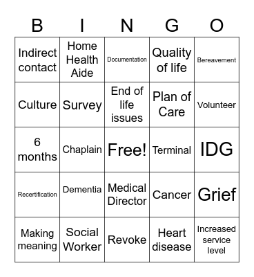 Hospice Bingo Card