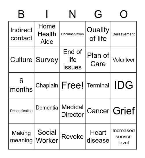 Hospice Bingo Card