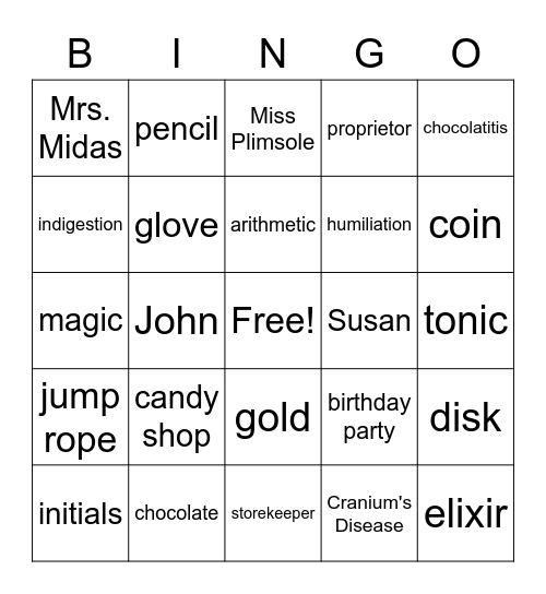 The Chocolate Touch Bingo Card