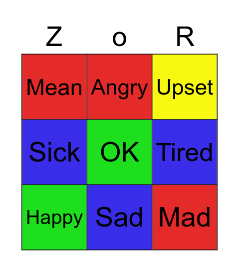 Zones of Regulation Bingo Card