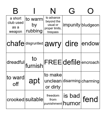 Vocabulary bingo Card