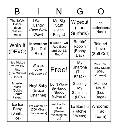 One Hit Wonder Bingo! Bingo Card