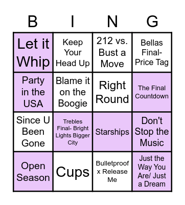Pitch Perfect Songs Bingo Card