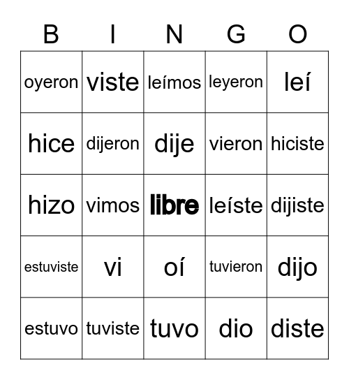 Irregular Preterite Bingo Card