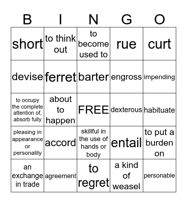 Vocabulary bingo Card