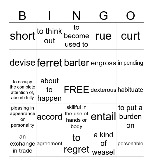 Vocabulary bingo Card