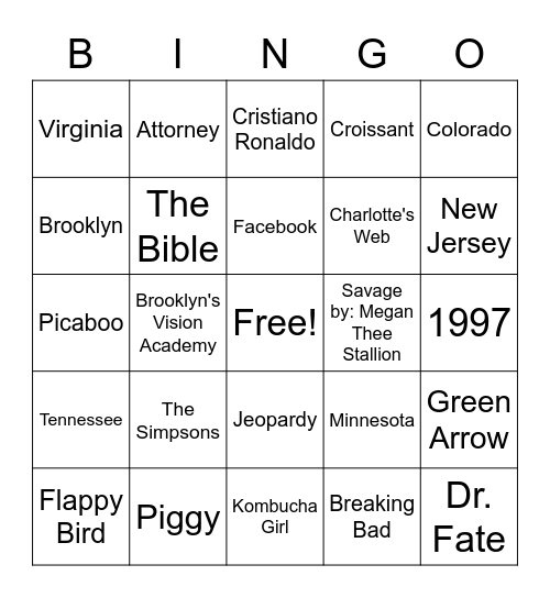 SBA Trivia/Bingo Night Bingo Card