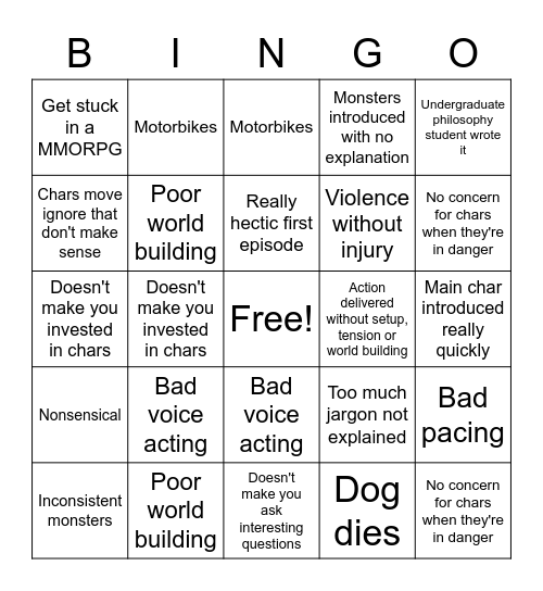 Bad Anime Bingo Card