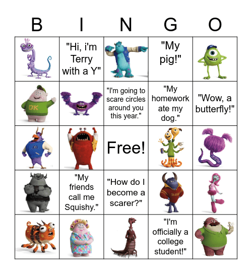 Monster University Movie Bingo Card