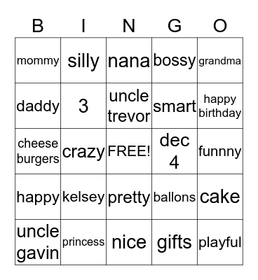 Kelsey's Bingo Card