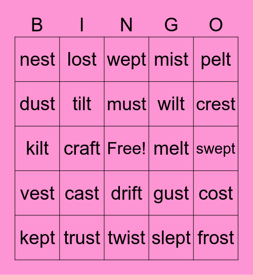 Ending Blends ft, lt, st, pt Bingo Card