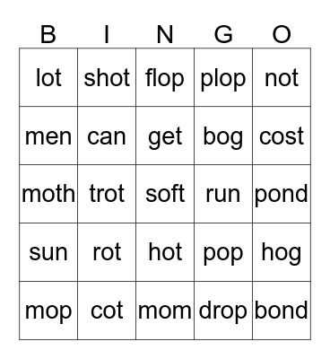 short vowel o  Bingo Card