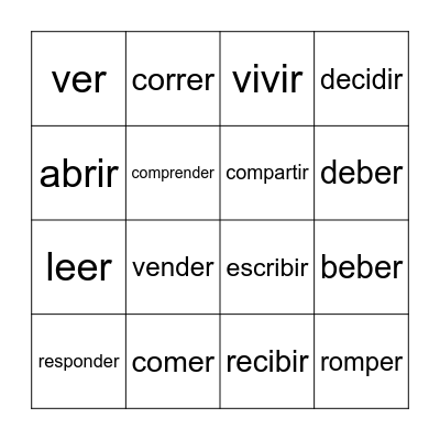-Er/-Ir Verbs Bingo Card