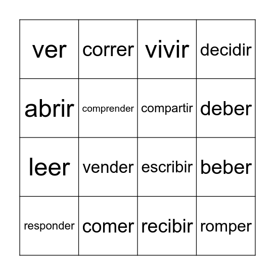 -Er/-Ir Verbs Bingo Card