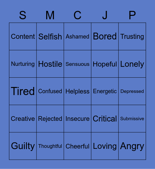 Feelings Bingo- Sad, Mad, Scared, Joyful, Peaceful Bingo Card