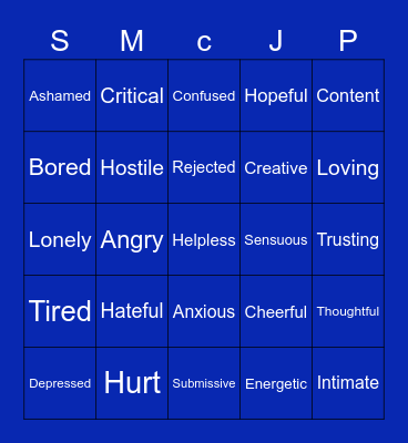 Feelings- Sad, Mad, Scared, Joyful, Peaceful Bingo Card