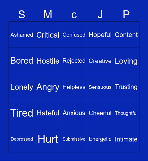 Feelings- Sad, Mad, Scared, Joyful, Peaceful Bingo Card