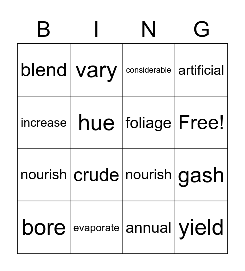 Wordly Wise Bingo Card