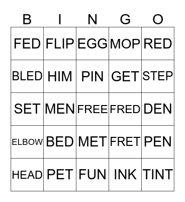 short vowel e Bingo Card