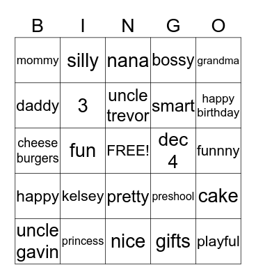 Kelsey's Bingo Card