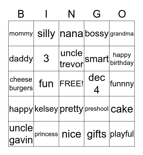 Kelsey's Bingo Card