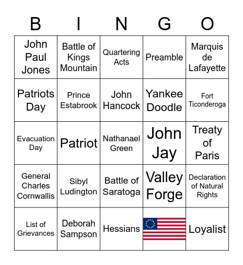 American Revolution Bingo Card