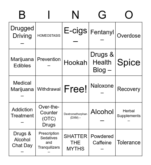 Drug and Alcohol Fact Week Bingo Card