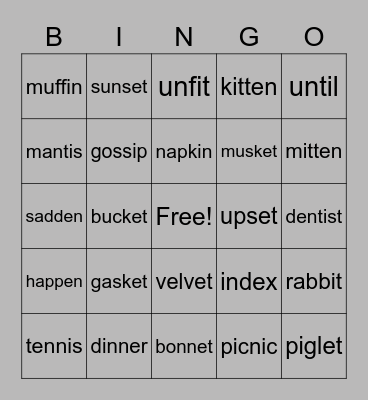 Rabbit Syllable Division Bingo Card