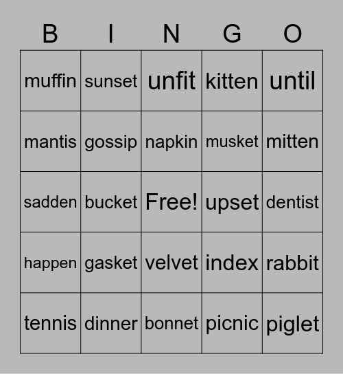 Rabbit Syllable Division Bingo Card
