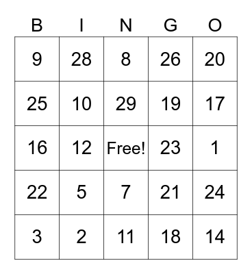 asl bingo numbers Bingo Card
