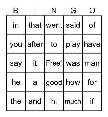 1st Grade Sight Words Bingo Card