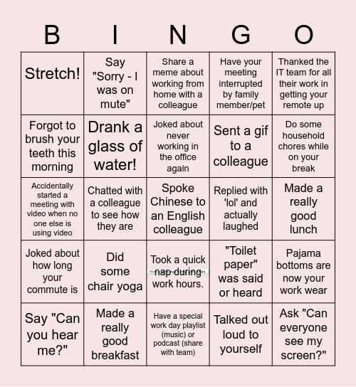 Remote Work Bingo Card
