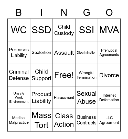 Case Types Bingo Card