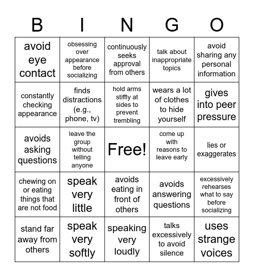 Anxious Behavior Bingo Card