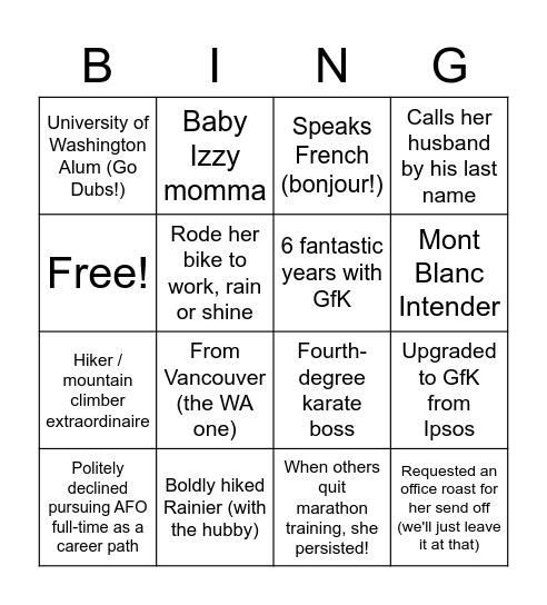 Jaclyn Bye Bye Bingo Card