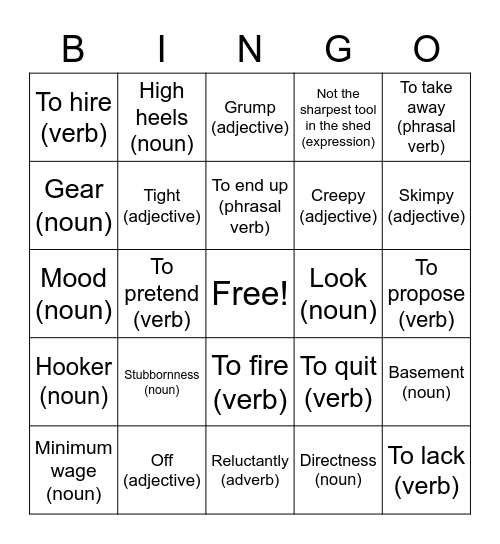 March 2021 Pre-Int Vocab Bingo Card