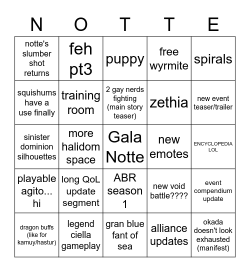 Dragalia Digesting Bingo Card