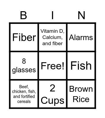 Nutrition Bingo Card