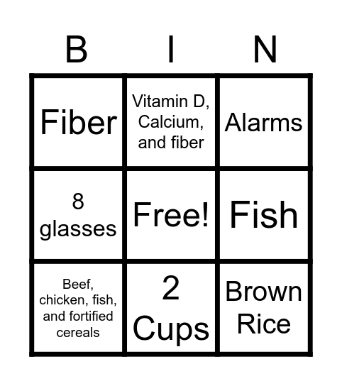 Nutrition Bingo Card