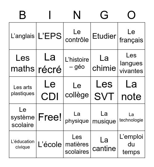 En classe, on travaille! Bingo Card