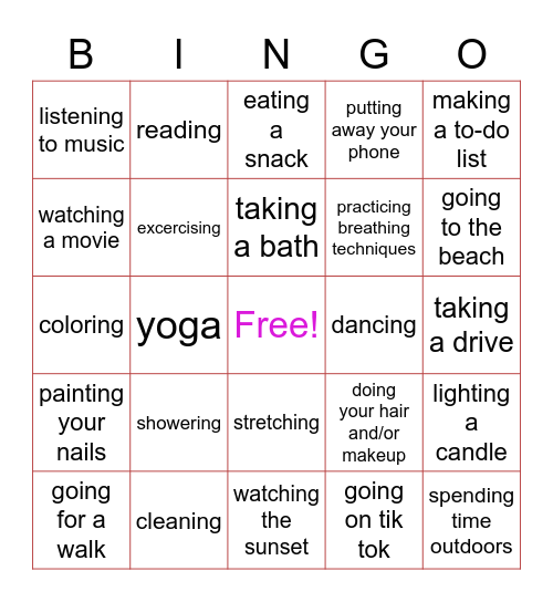 De-stress Bingo Card