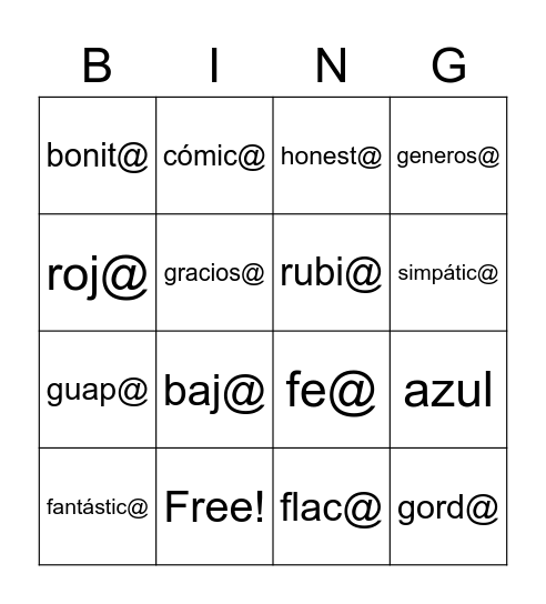 Adjetivos Bingo Card