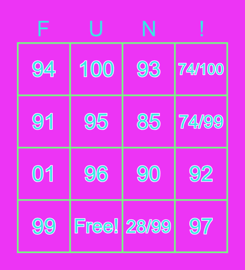Numbers 90-100 Bingo Card