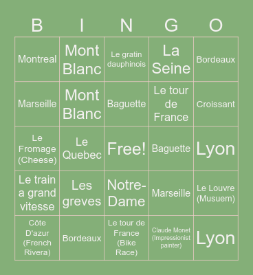 ECHS French Club Bingo Card