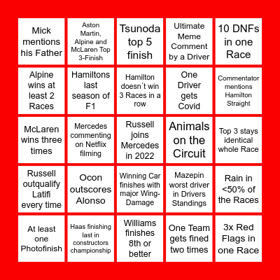 F1 2021 Prediction Bingo Card